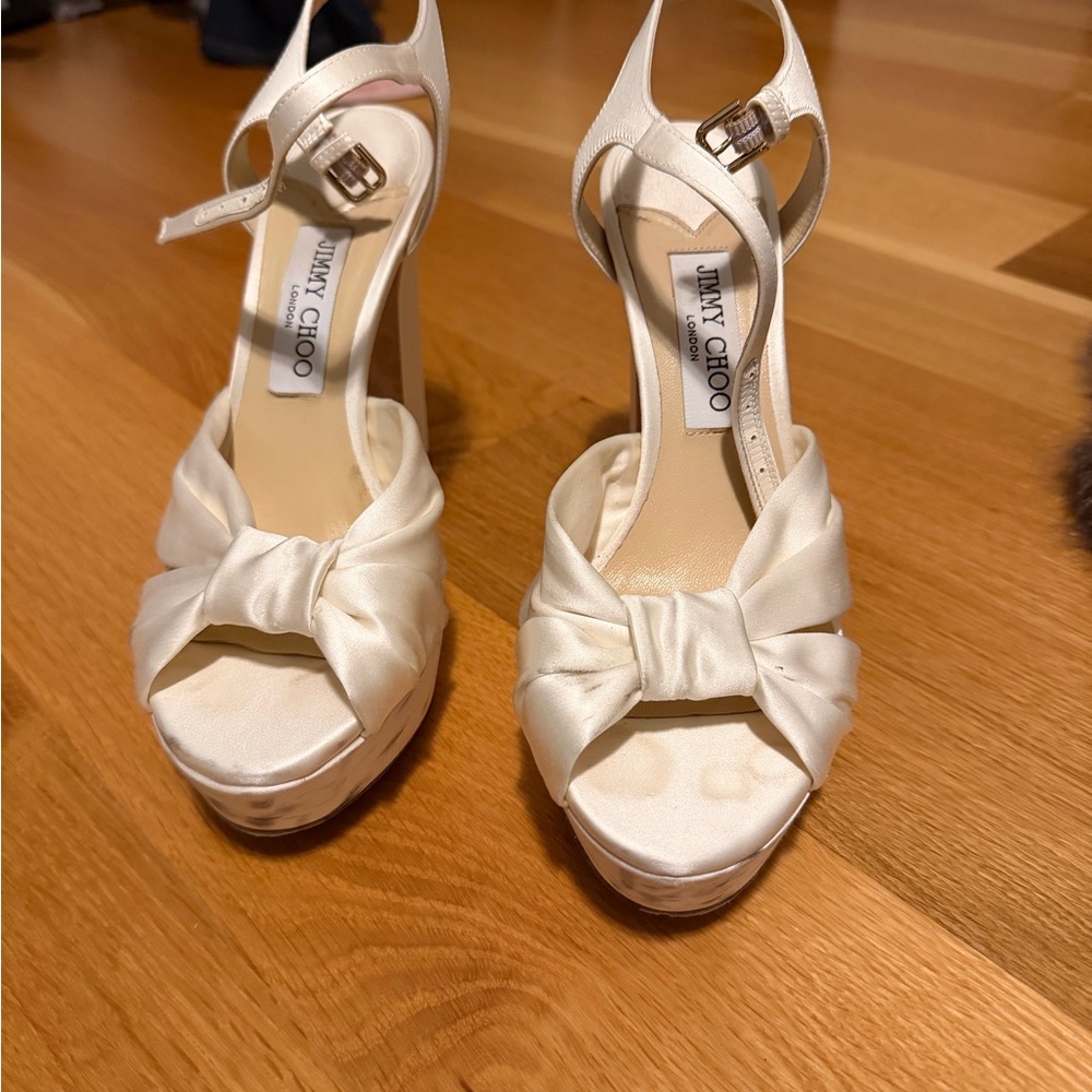 Jimmy Choo Ivory Satin Bow Heels
